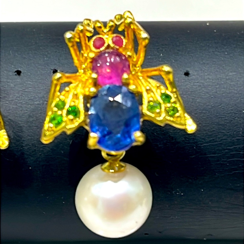 1.5ct Sapphire 0.5ct Ruby Pearl Earrings - Picture 2 of 7